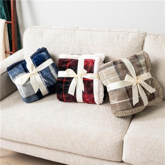 Blue Navy Plaid Sherpa Throw Blanket for Couch Twin, Plush Flannel - Picture 7 of 8